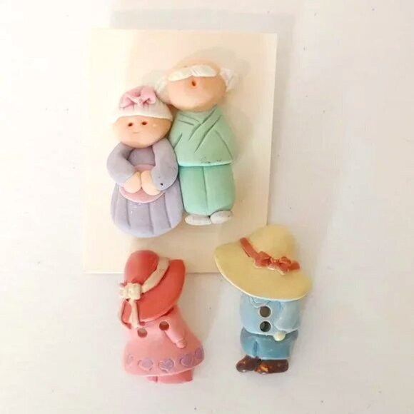 Handmade Clay Buttons Grandma Grandpa Bonnet Cottage Core Vintage - Picture 1 of 5